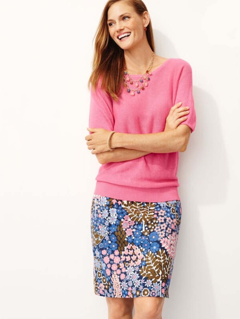 TALBOTS Floral Straight Skirt Whimsical Blue Pink Brown 10